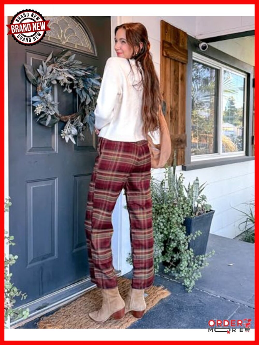 Wide Leg High Waisted Plaid Trousers Elastic Waist Work Pants with Pockets - Picture 5 of 6